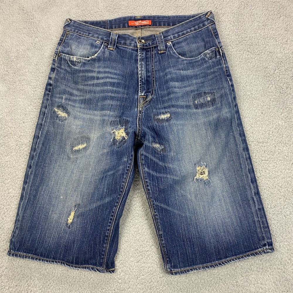 Vtg Ed Hardy Jorts Mens 32 (32x14) Blue Denim Bermuda Distressed Shorts